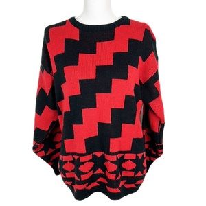 Jeana Sweater Women Small Red Black Chevron Pullover Oversized Casual Vintage